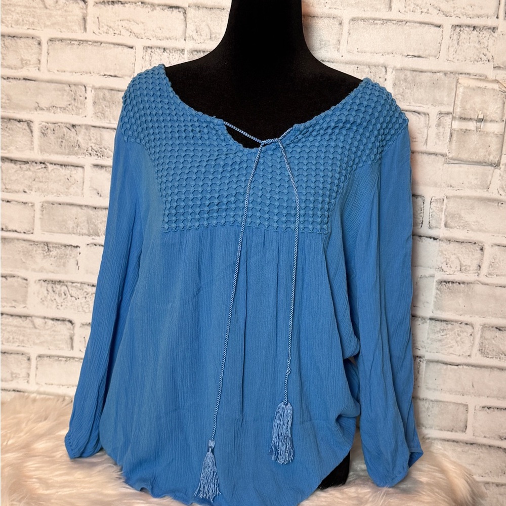 Anthropologie One world Blue Women's Top with Tassel Detail boho size‎ M